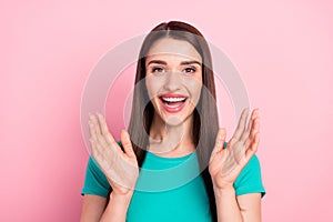 Photo of young woman happy positive smile amazed surprised reaction isolated over pink color background