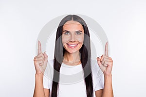 Photo of young woman happy positive smile look indicate fingers up advice choice suggest isolated over white color