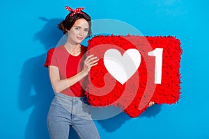 Photo of young woman popular advert click comment user app share isolated over blue color background