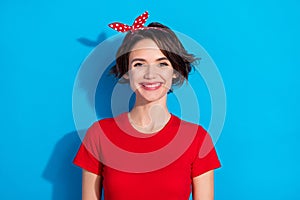 Photo of youth cheerful girl toothy smile hygiene clinic dentists caries isolated over blue color background