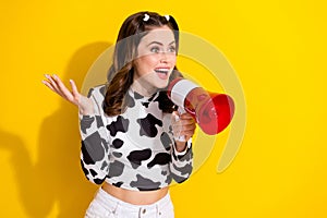 Photo of youth funny girl hold bullhorn scream loud announcement big sale starts wear cowskin crop top isolated on photo