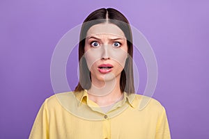 Photo of youth girl negative stupor staring amazed shocked fail isolated over violet color background