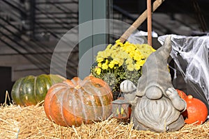 Photo zone near a cafe, shop, house for Halloween. Pumpkins, hay, flowers, lantern