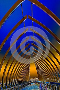 Photoart of architectural details of the side and roof of the Farnam Street Pier Heartland of America Park