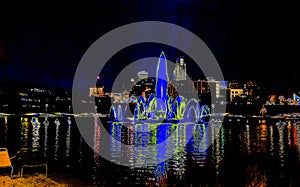 Photoart Night photo of the Heartland of America Park at the Riverfront Omaha Nebraska USA