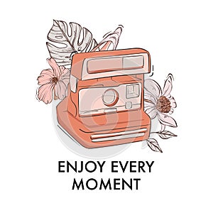 Photocamera with instant photos, floral bloom drawing, modern quote, lifestyle motivation text. Enjoy every moment typography with