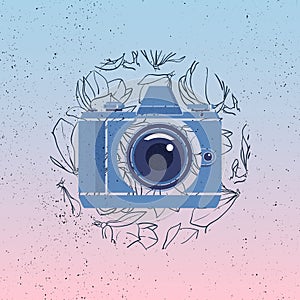 Photocamera vector icon with magnolia flowers on gradient background. Grunge photographer logo.
