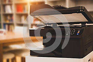 Photocopier printer, Close up the black copier or photocopy machine in office workplace for scanning document or printing paper or