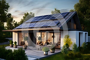 Photoelectric solar panels on the roof of the house with an ion battery, modern electric circuits photo