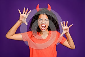 Photof of horrible terrifying mad insane occultist spooky attempting to frighten you with her frightful grimace on face