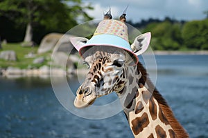 photogenic giraffe in a pastel bucket hat with a lake backdrop