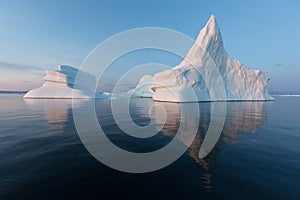 Photogenic and intricate iceberg under an interesting and blue sky during sunset. Effect of global warming in nature.