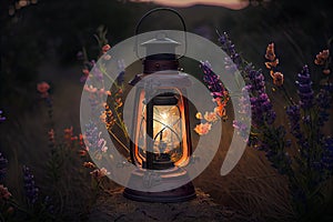 photogenic lantern among blooming wildflowers in the wilderness