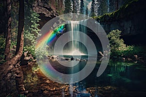 photogenic rainbow over tranquil waterfall in serene forest setting