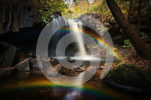 photogenic rainbow over tranquil waterfall in serene forest setting