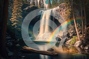 photogenic rainbow over tranquil waterfall in serene forest setting