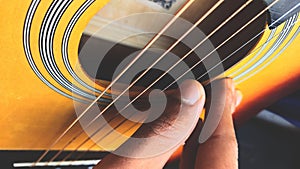 A  photograph of a acoustic guitar with space for text, can use for guitar classes background