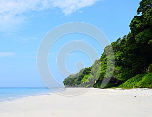 Lush Green Littoral Forest, White Sand, Azure Water and Blue Sky, Radhanagar Beach, Andaman & Nicobar Islands, India photo