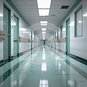 Photograph captures emptiness of hospital hallway, quiet and calm