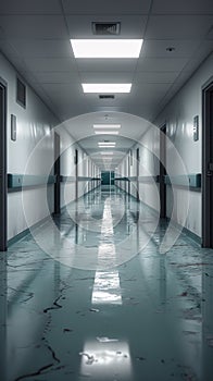 Photograph captures emptiness of hospital hallway, quiet and calm