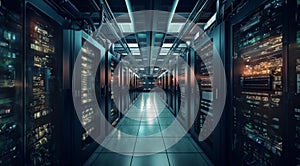 The photograph captures the interior of a modern, spacious server room, showcasing rows of equipment, racks, and cables