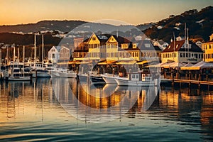 A Photograph captures a sung harbor town, basking in golden hues