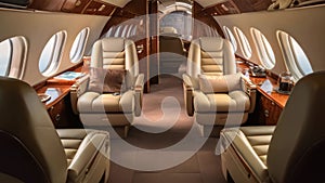 A photograph capturing the interior of an airplane, showcasing its plush leather seats, Interior of a luxurious private jet with