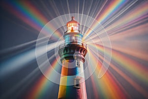 Photograph capturing a lighthouse emitting a range of colors, reflecting notions of optimism, joyfulness, and diversification
