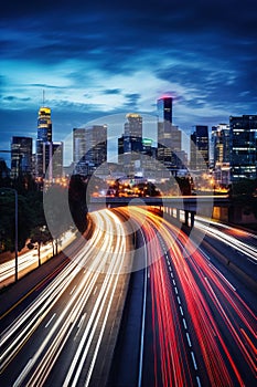 A photograph capturing the motion blur of a busy urban highway during the evening rush hour. The city skyline serves as the backgr