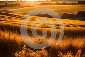 A Photograph capturing the quintessential Thanksgiving spirit, with golden fields stretching as far as the eye can see, bathed in