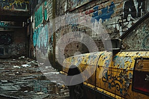 A photograph capturing the rundown state of a street covered in graffiti, displaying the harsh reality of urban decline, A gritty