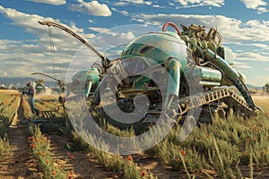 A photograph capturing a sizable, green insect sitting atop a vibrant, flourishing green field, Alien creatures working on