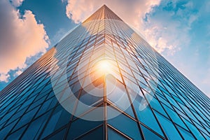 A photograph capturing the sunlight streaming through the windows of a lofty city skyscraper, A towering glass-and-steel office