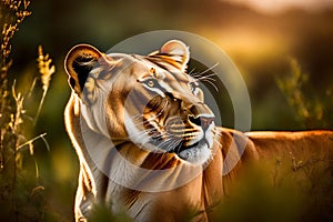 A Photograph capturing the untamed beauty of a lioness, as her piercing gaze meets the golden rays of a setting sun, exuding
