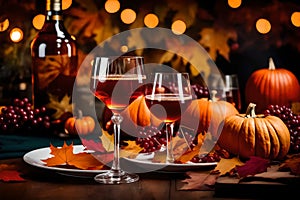 A photograph capturing the vibrant mingling of autumn hues in a Thanksgiving cocktail party, with guests raising glasses to toast