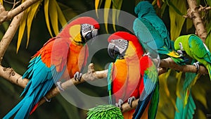 A photograph capturing the vibrant plumage of pairs of beautiful parrots