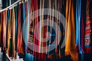A Photograph capturing the vibrant tapestry of winter. Multi-colored scarves hang gracefully on a wall, exuding warmth and evoking