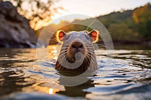 A photograph of a capybara swimming in a river.