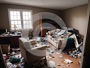 Photograph of a cluttered living space filled with trash debris broken furniture