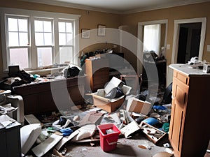 Photograph of a cluttered living space filled with trash debris broken furniture