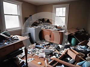 Photograph of a cluttered living space filled with trash debris broken furniture