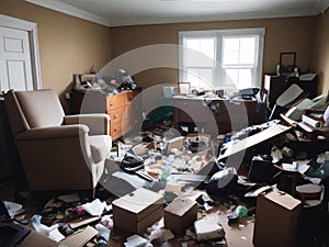 Photograph of a cluttered living space filled with trash debris broken furniture