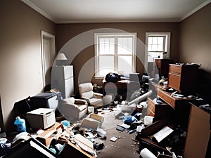 Photograph of a cluttered living space filled with trash debris broken furniture