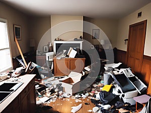 Photograph of a cluttered living space filled with trash debris broken furniture