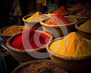 Photograph of The colourful spices. A bunch of bowls filled with different colored powders.