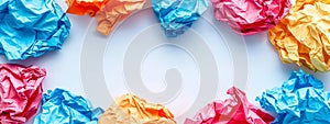 A circle of colorful crumpled paper on a white background