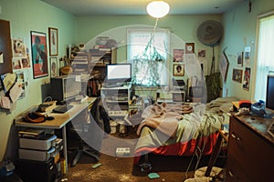 This photograph depicts a cluttered bedroom with a bed, desk, and computer, A bedroom turned into a makeshift office, AI Generated