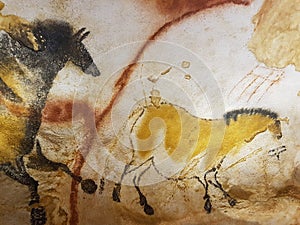 Photograph of drawings dating from the Paleolithic period from the reproduction of La Grotte de Lascaux