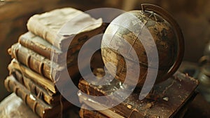 A photograph of a dusty antique globe sitting on top of a pile of leatherbound journals evoking a sense of exploration photo