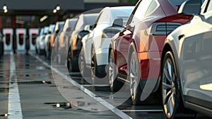 Photograph of electric cars in corporate parking, charging stations in sight, emphasizing the move to eco-friendly